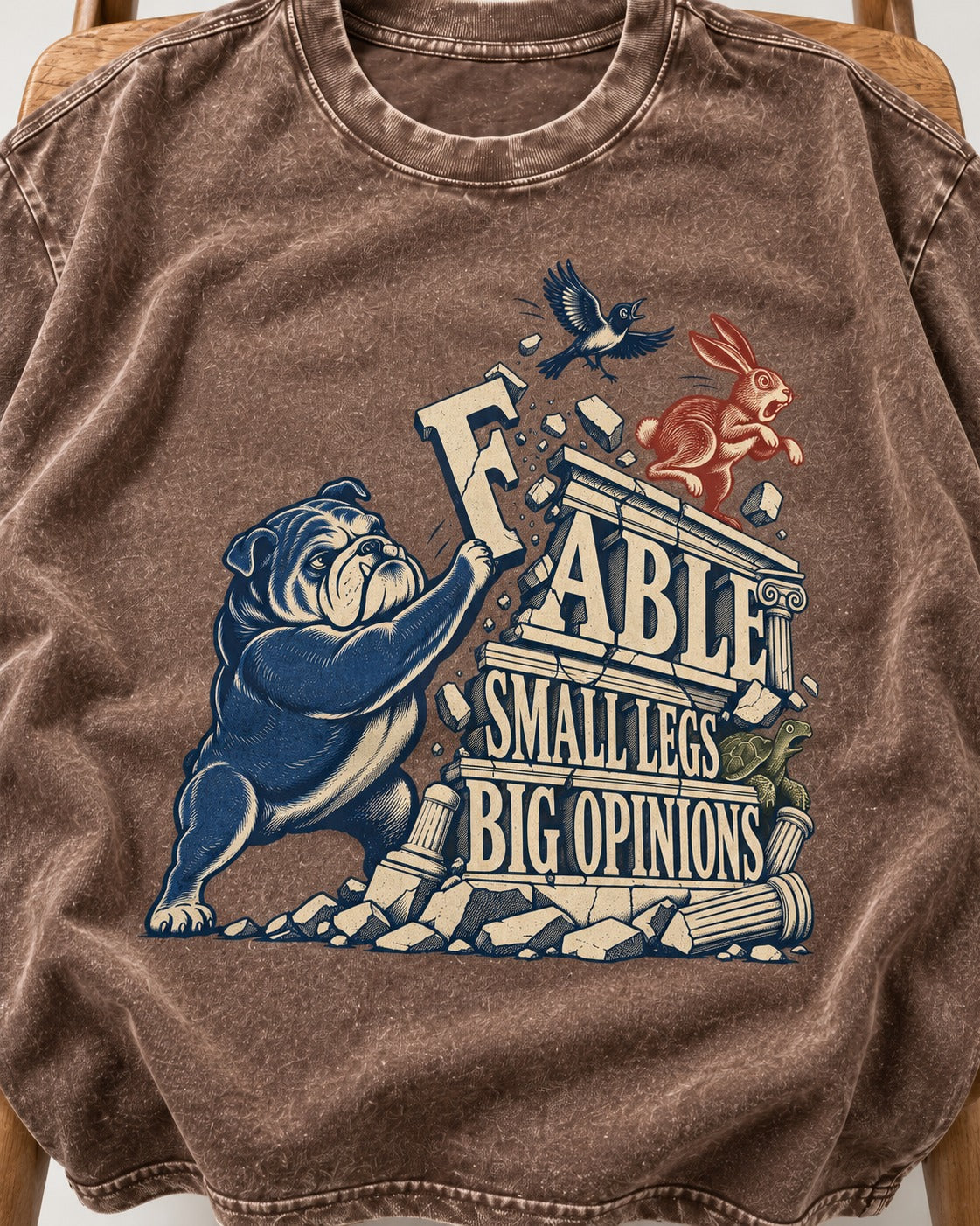 Small Legs Big Opinions English Bulldog Washed Tee in Coffee, close-up of the graphic