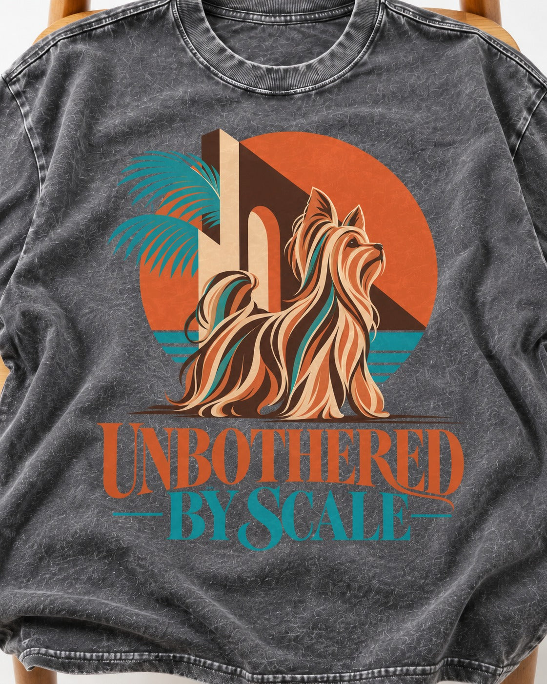 Yorkshire Terrier Unbothered by Scale Tropical Architecture Graphic Washed Tee in Gray, close-up of the graphic
