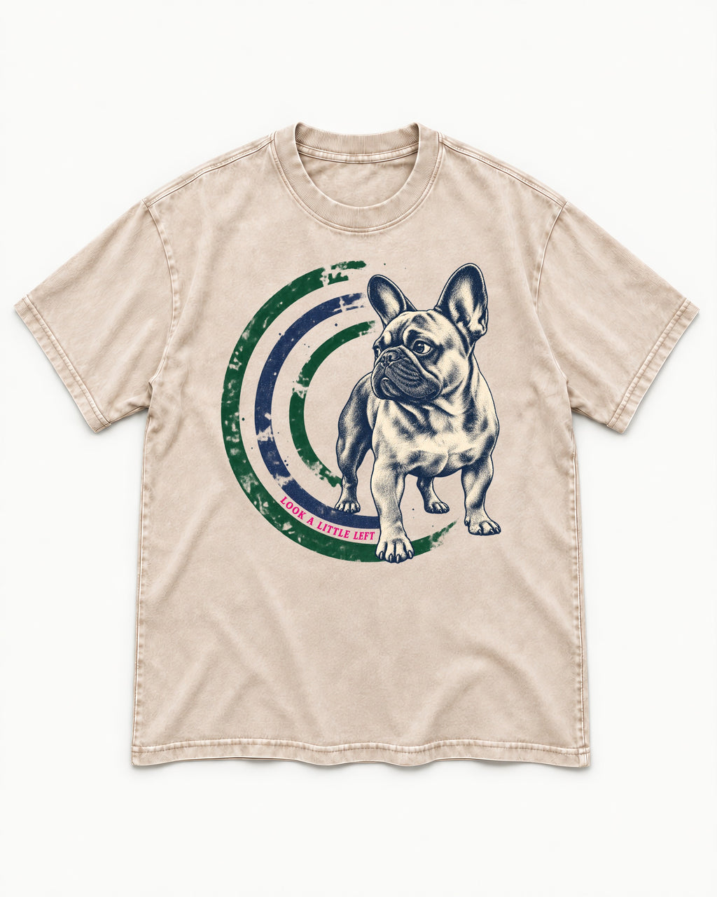 Frenchie Look a Little Left Orbit Graphic Washed Tee in Apricot, flat lay product photo
