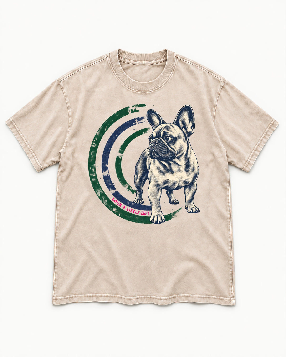 Frenchie Look a Little Left Orbit Graphic Washed Tee in Apricot, flat lay product photo