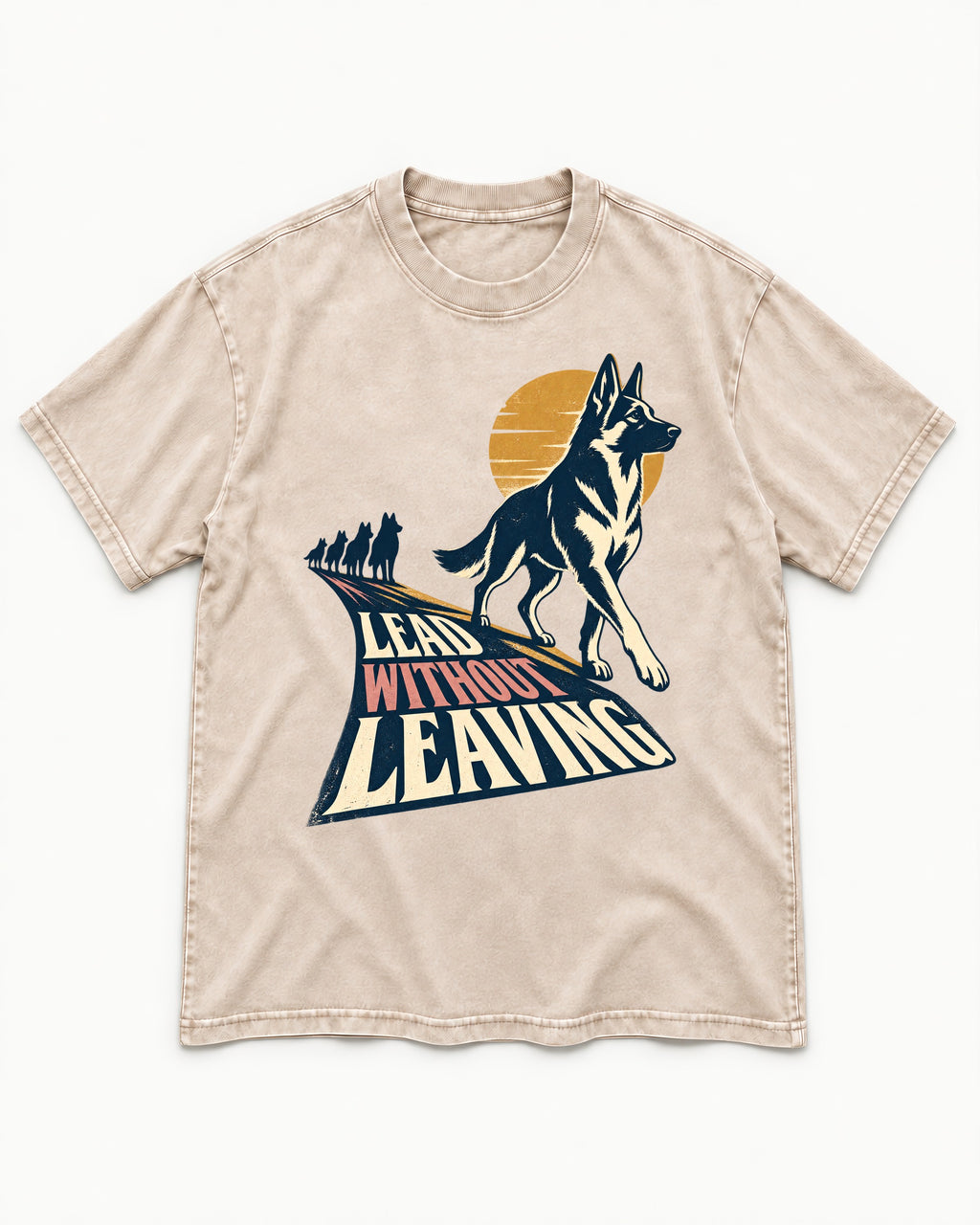 Lead Without Leaving Perspective German Shepherd Dog Graphic Washed Tee in Apricot, flat lay product photo