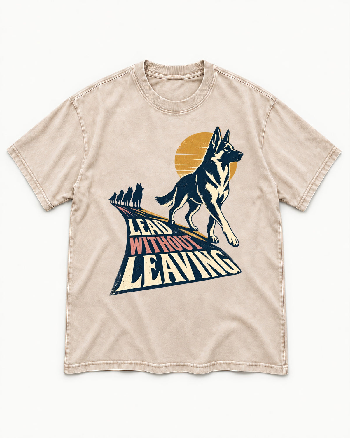 Lead Without Leaving Perspective German Shepherd Dog Graphic Washed Tee in Apricot, flat lay product photo