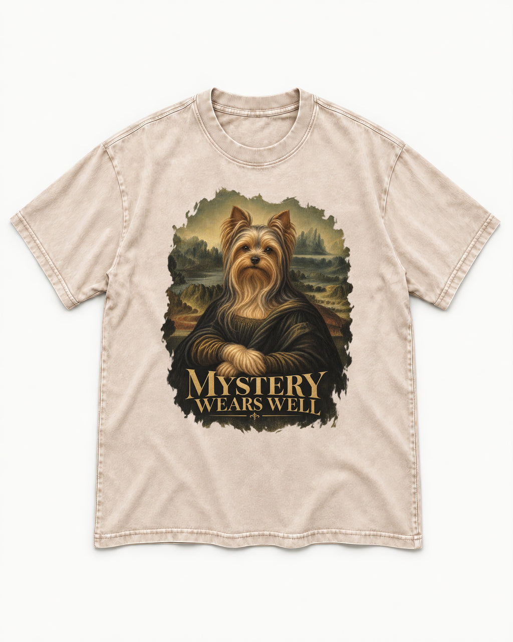 Yorkshire Terrier Mystery Wears Well Mona Lisa Portrait Graphic Washed Tee in Apricot, flat lay product photo