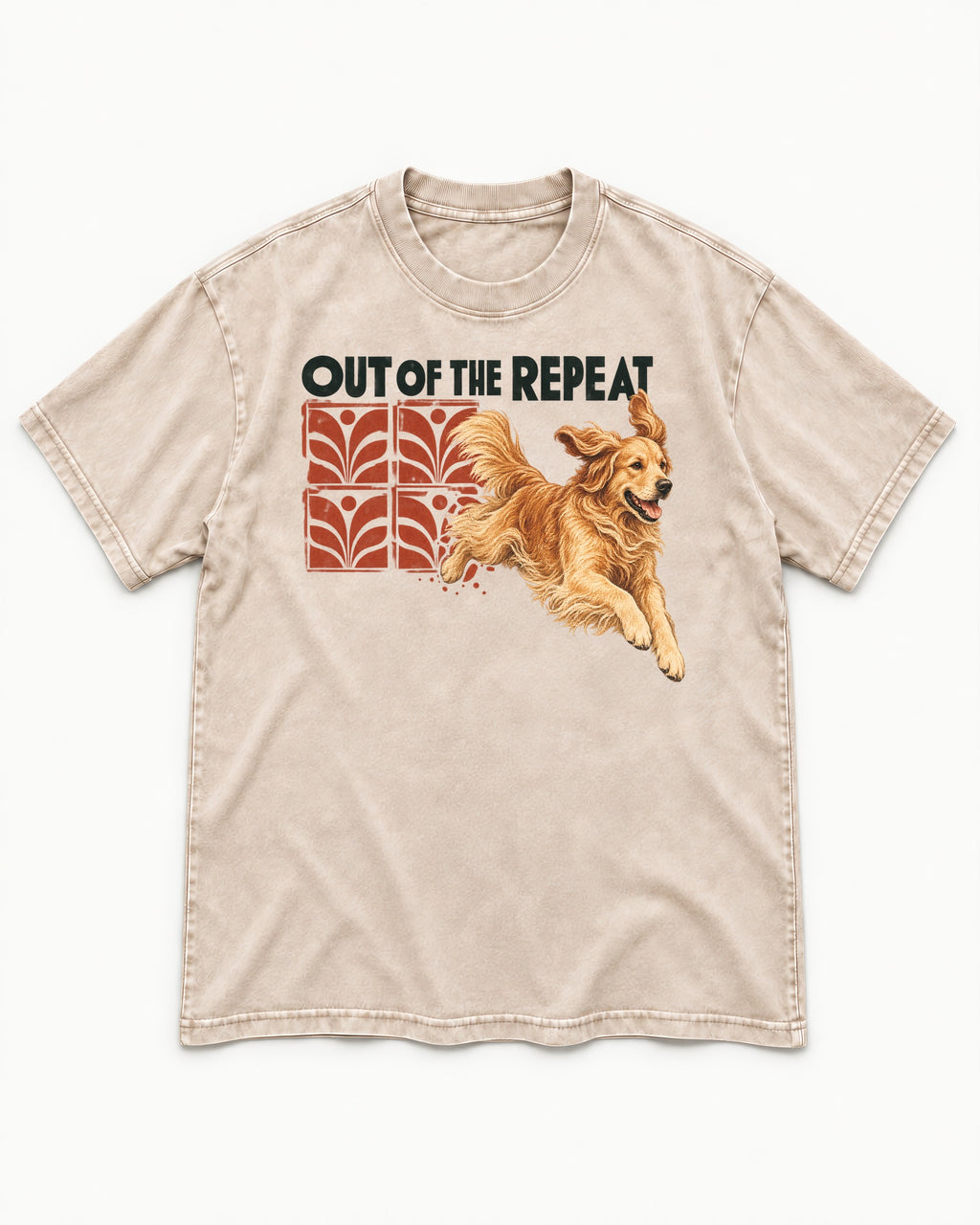 Golden Retriever Out of the Repeat Washed Tee in Apricot, flat lay product photo