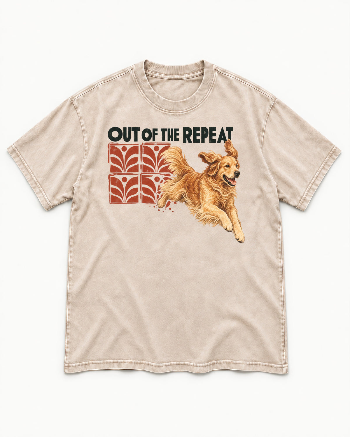 Golden Retriever Out of the Repeat Washed Tee in Apricot, flat lay product photo