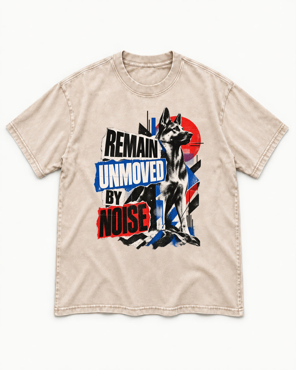 Remain Unmoved By Noise Brutalist Collage German Shepherd Dog Graphic Washed Tee in Apricot, flat lay product photo