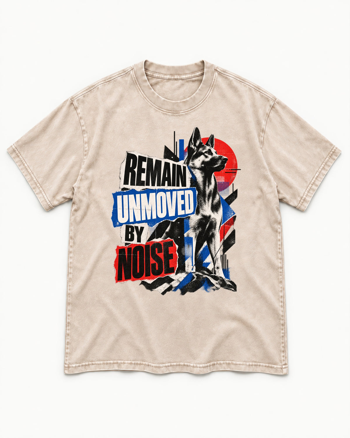 Remain Unmoved By Noise Brutalist Collage German Shepherd Dog Graphic Washed Tee in Apricot, flat lay product photo