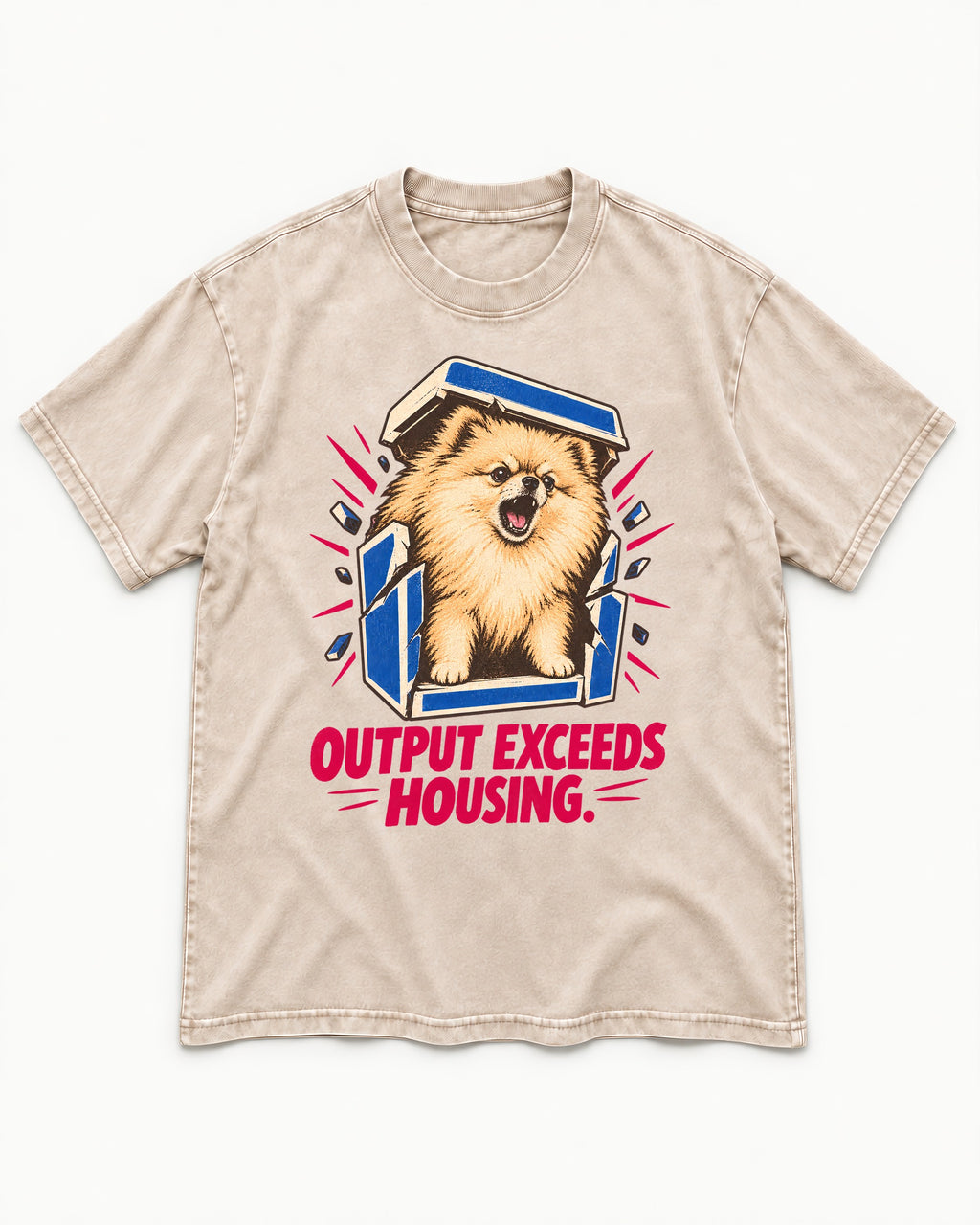 Pomeranian Output Exceeds Housing Bark Compression Graphic Washed Tee in Apricot, flat lay product photo