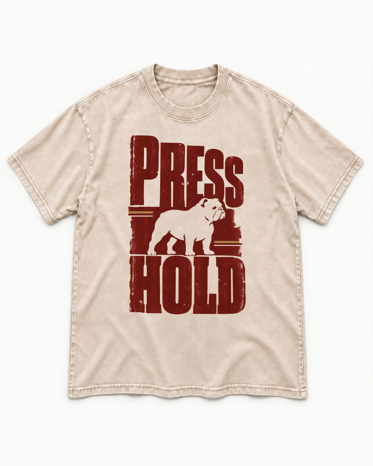 English Bulldog Press and Hold Washed Tee in Apricot, flat lay product photo