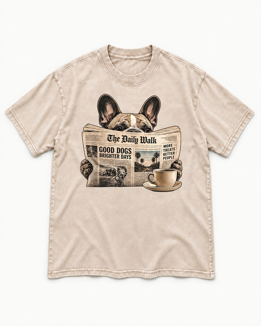 Frenchie Good Dogs Brighter Days Newspaper Graphic Washed Tee in Apricot, flat lay product photo