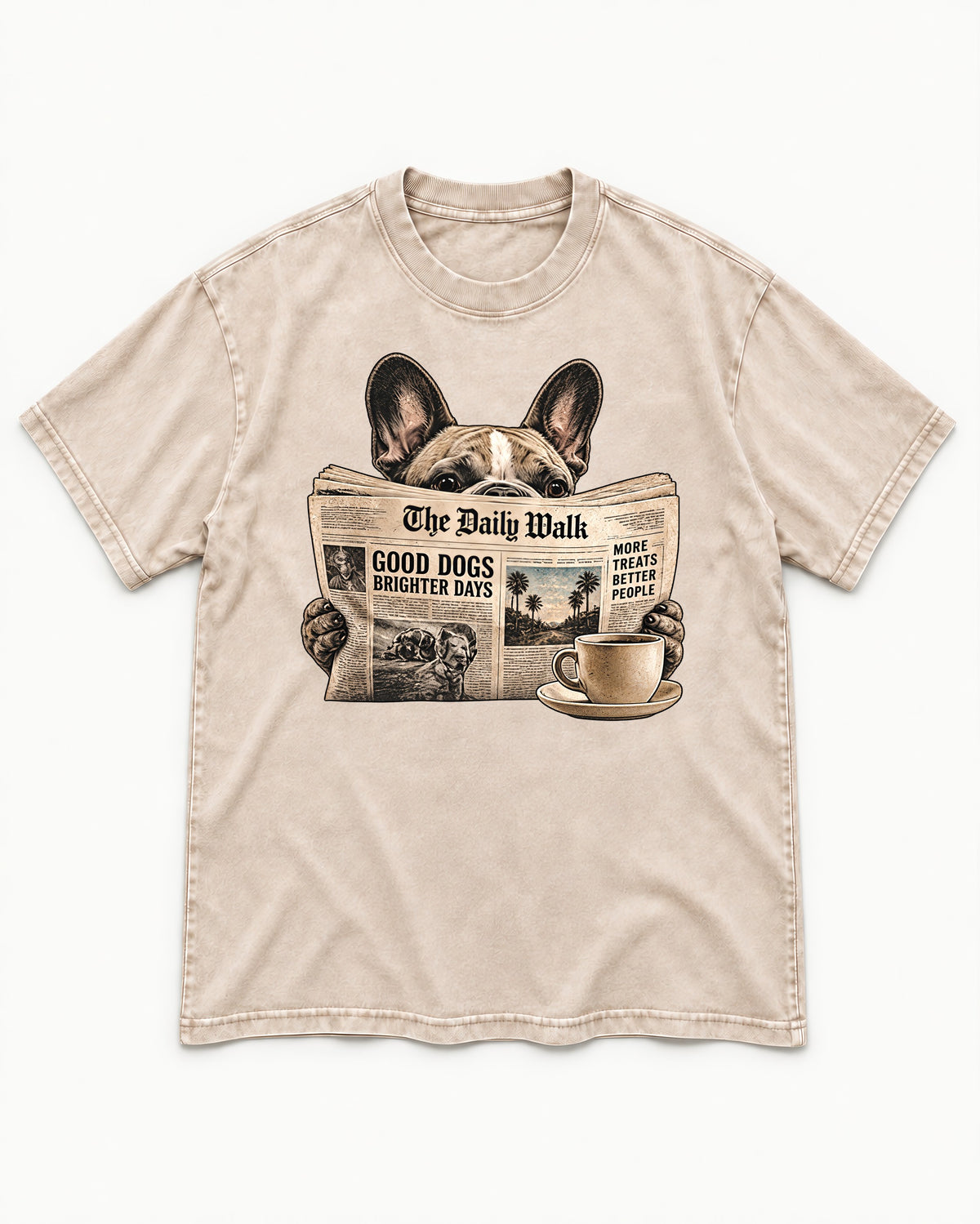 Frenchie Good Dogs Brighter Days Newspaper Graphic Washed Tee in Apricot, flat lay product photo