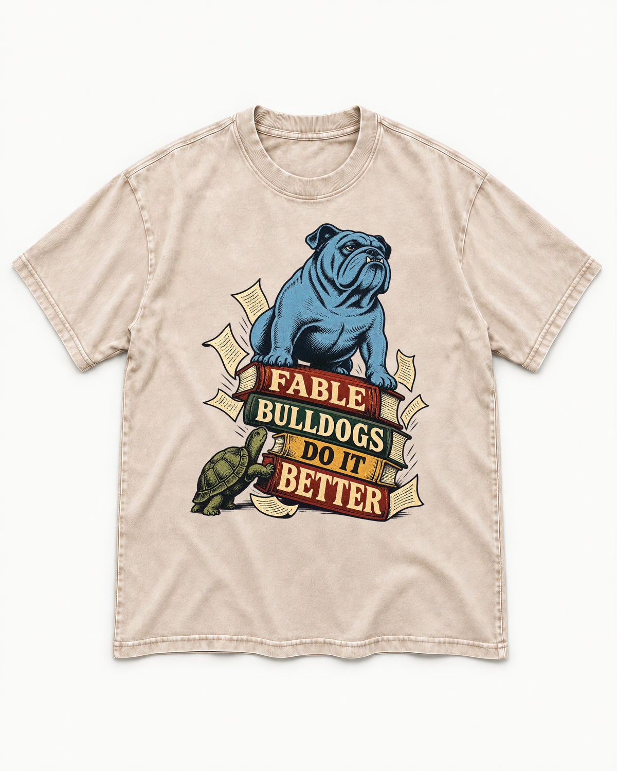 English Bulldog Does It Better Washed Tee in Apricot, flat lay product photo