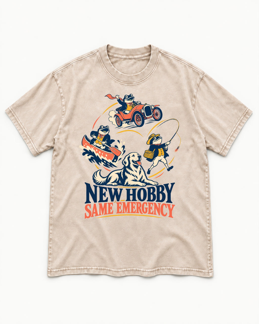 Golden Retriever New Hobby Same Emergency Washed Tee in Apricot, flat lay product photo