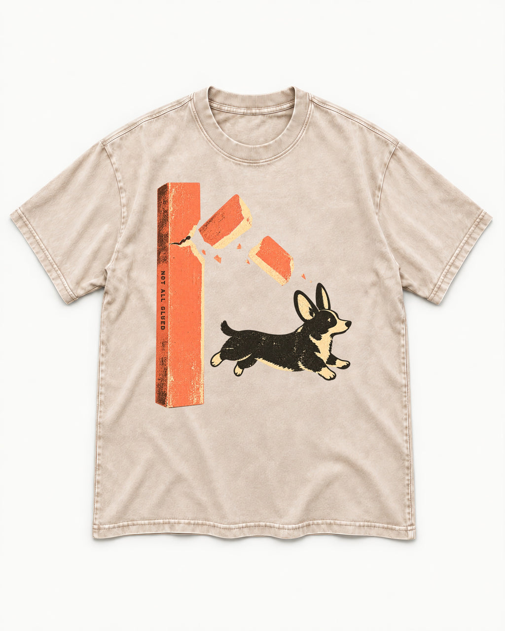 Not All Glued Corgi Washed Tee in Apricot, flat lay product photo