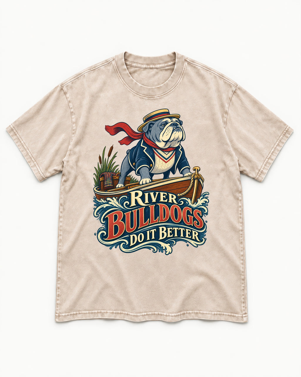 River English Bulldog Does It Better Washed Tee in Apricot, flat lay product photo