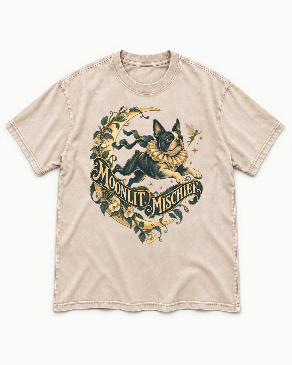 Boston Terrier Moonlit Mischief Washed Tee in Apricot, flat lay product photo