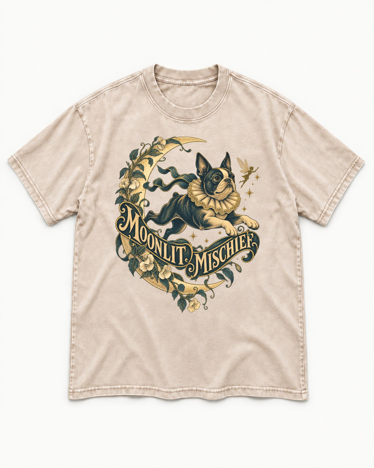 Boston Terrier Moonlit Mischief Washed Tee in Apricot, flat lay product photo