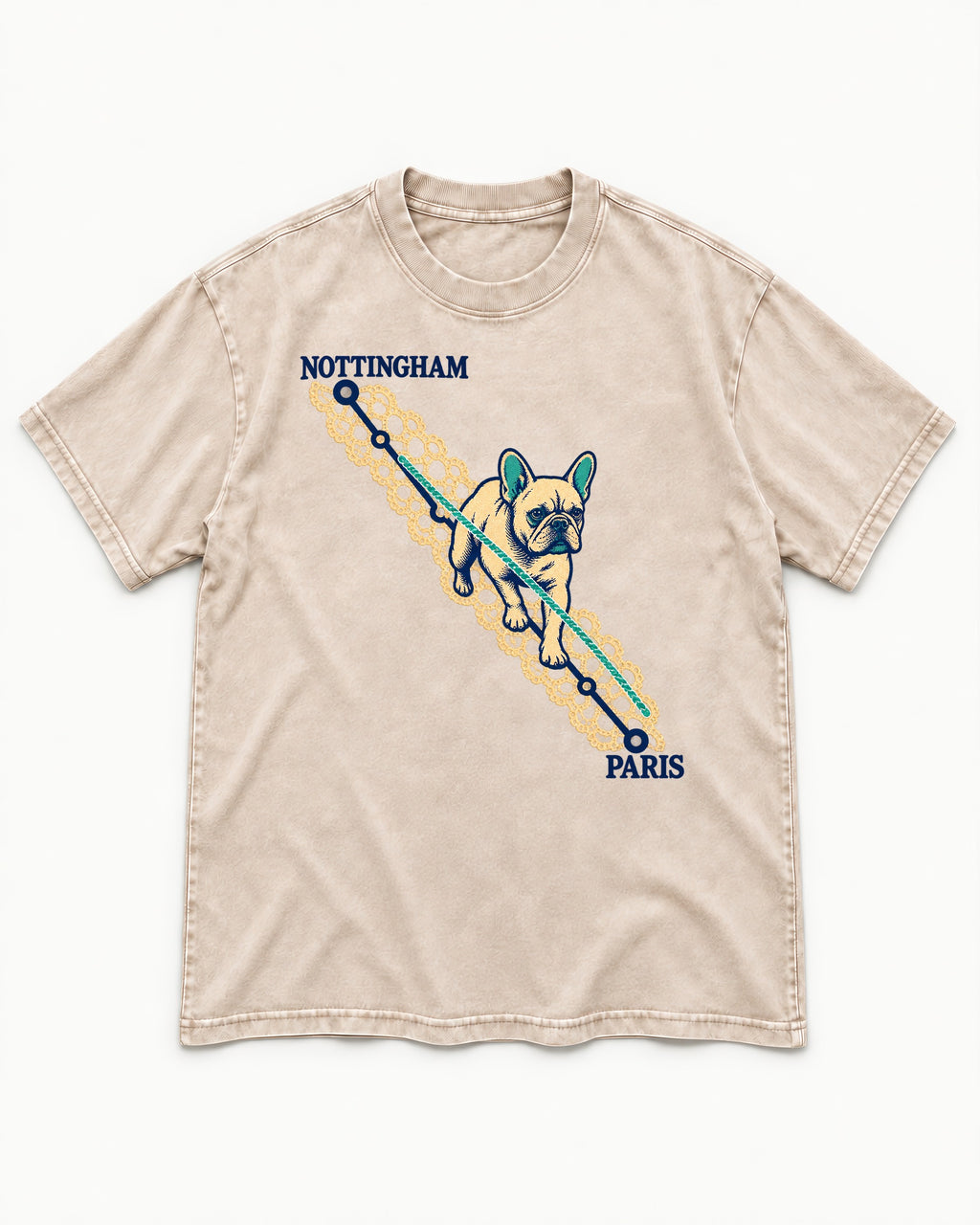 Nottingham to Paris Frenchie Washed Tee in Apricot, flat lay product photo