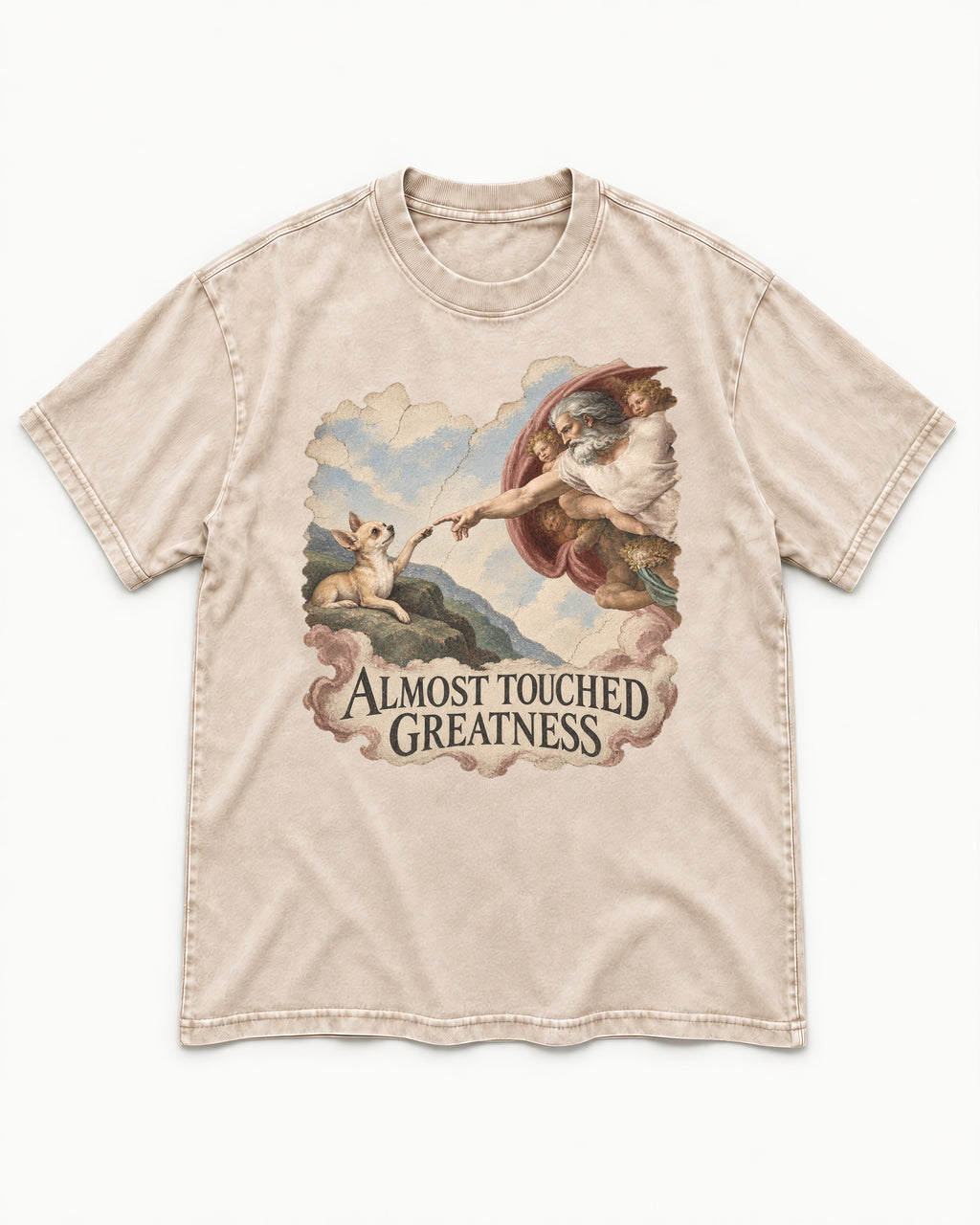 Chihuahua Almost Touched Greatness Renaissance Parody Washed Tee in Apricot, flat lay product photo