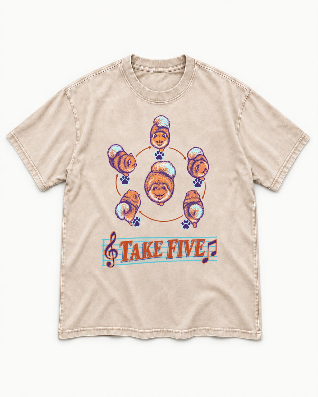 Pomeranian Take Five Choreography Cycle Graphic Washed Tee in Apricot, flat lay product photo