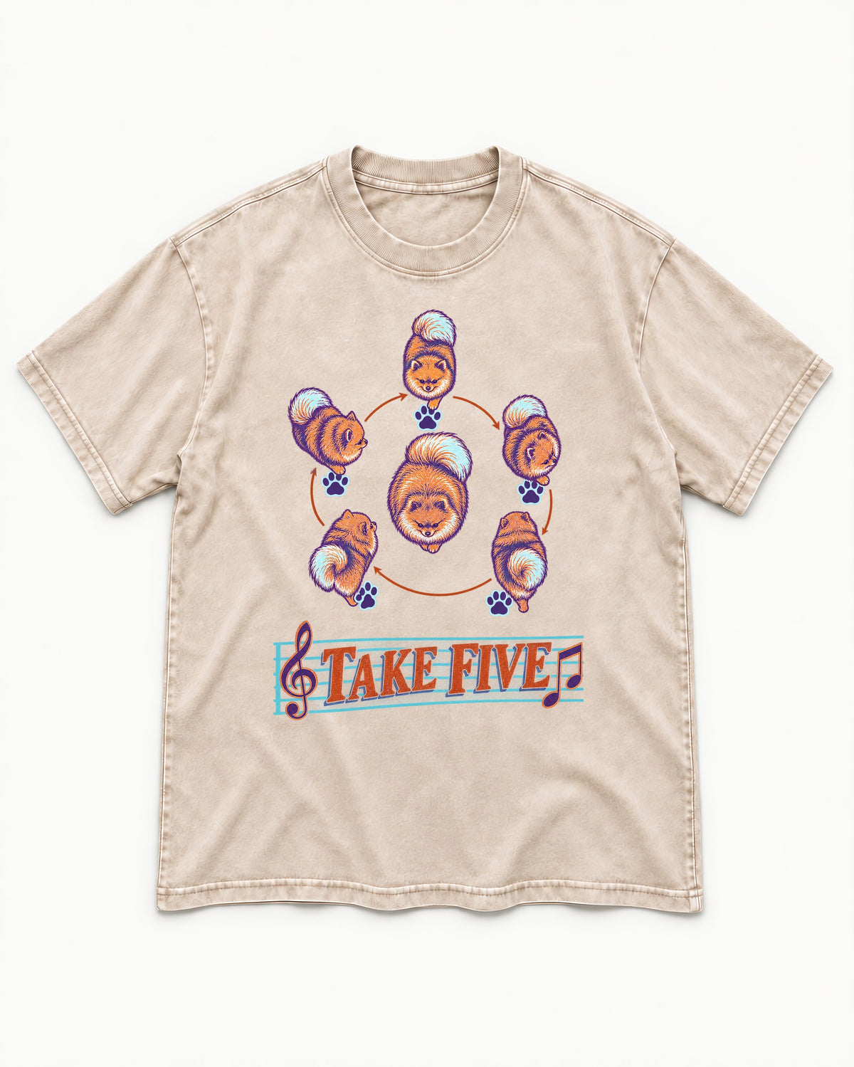 Pomeranian Take Five Choreography Cycle Graphic Washed Tee in Apricot, flat lay product photo