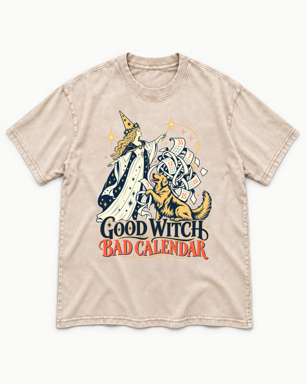 Good Witch Bad Calendar Golden Retriever Washed Tee in Apricot, flat lay product photo