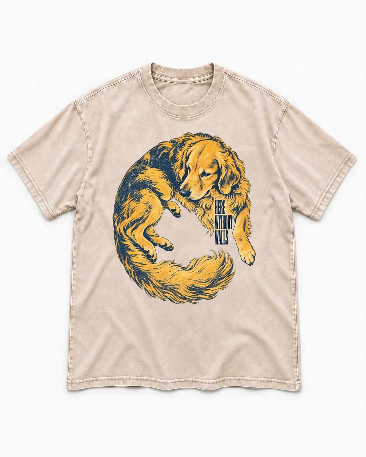 Golden Retriever Here Without Walls Curled Portrait Graphic Washed Tee in Apricot, flat lay product photo