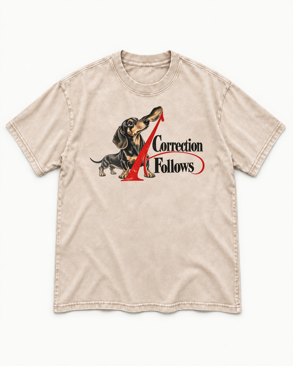 A Dachshund Correction Follows Washed Tee in Apricot, flat lay product photo