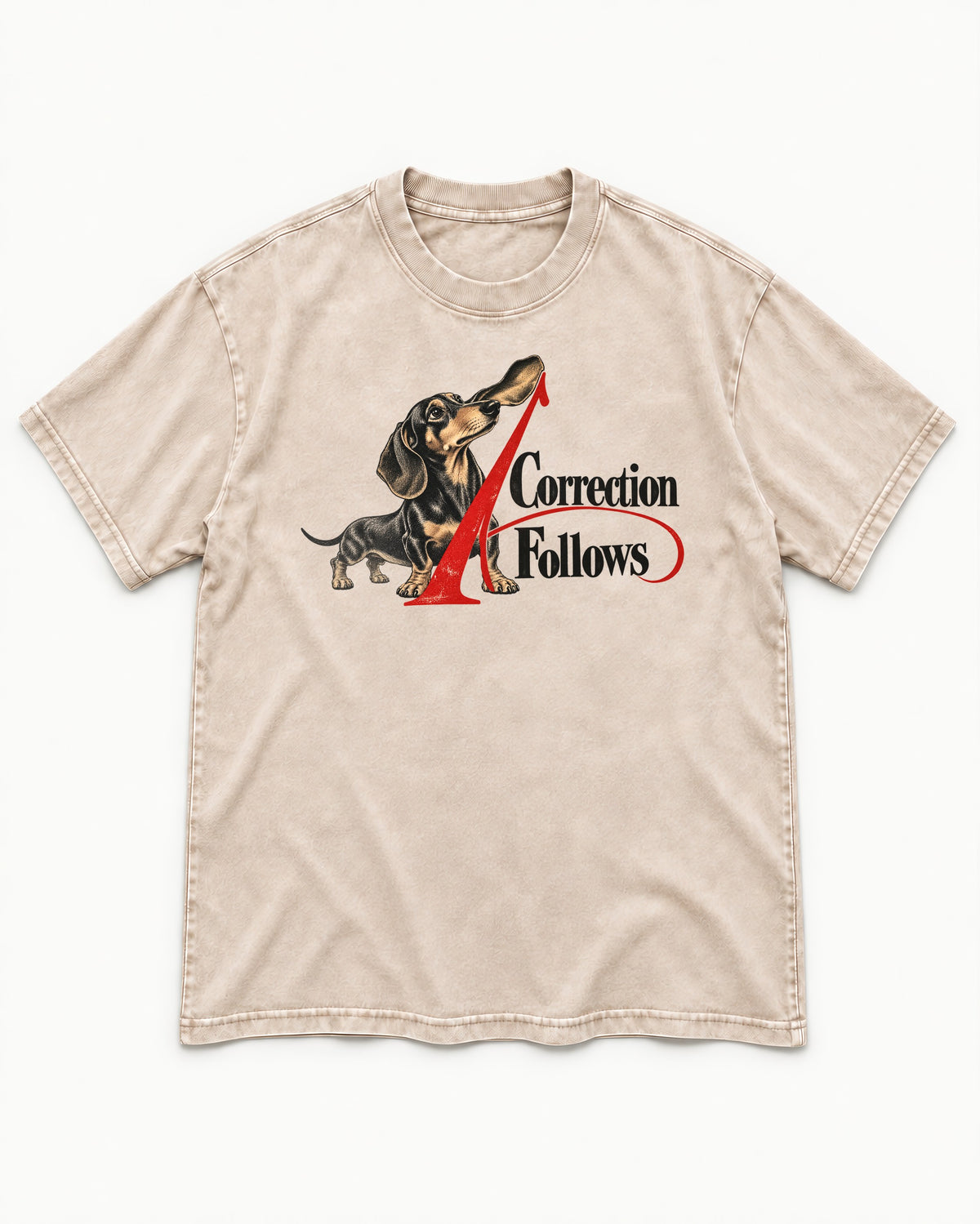 A Dachshund Correction Follows Washed Tee in Apricot, flat lay product photo