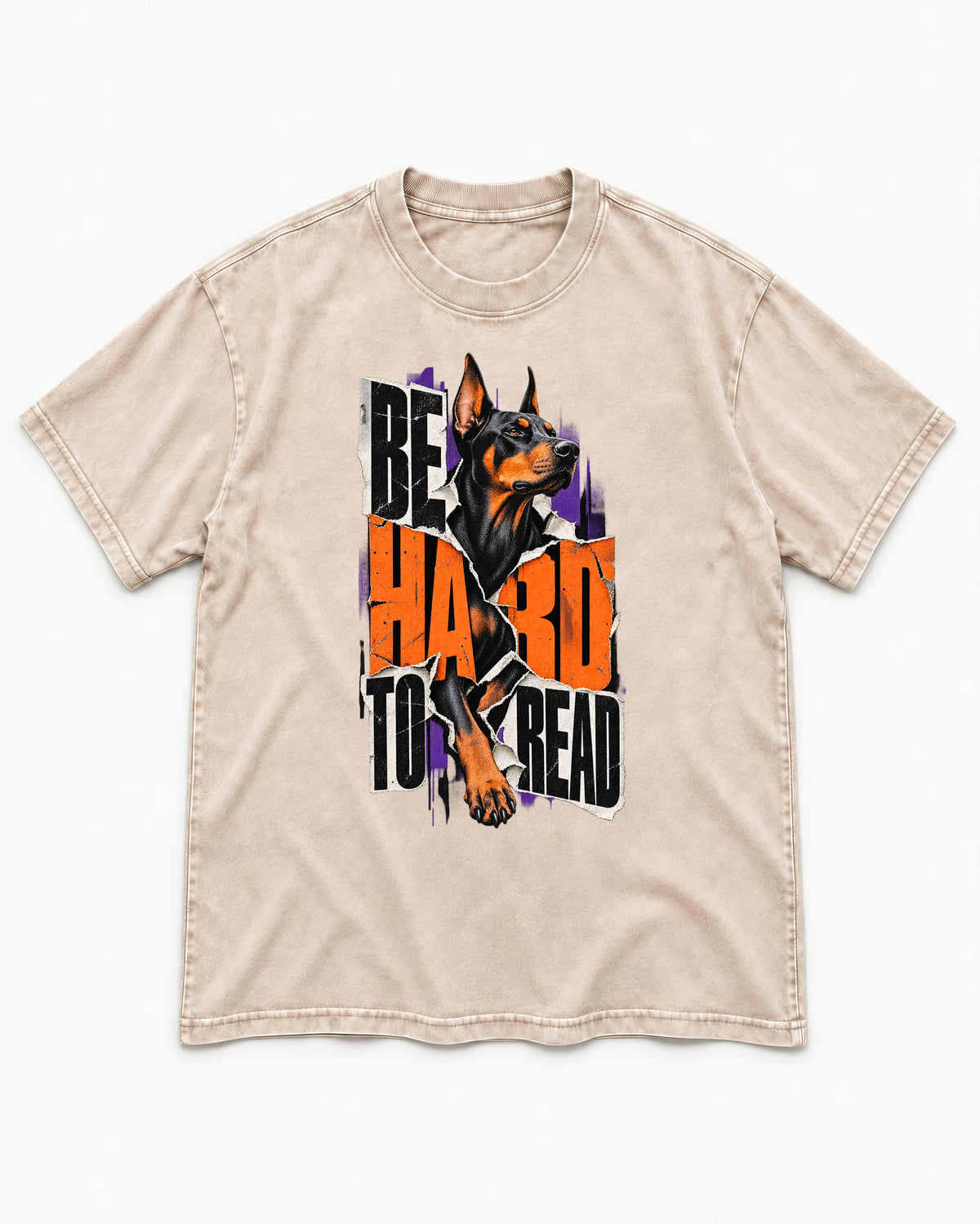 Doberman Be Hard to Read Torn Poster Graphic Washed Tee in Apricot, flat lay product photo