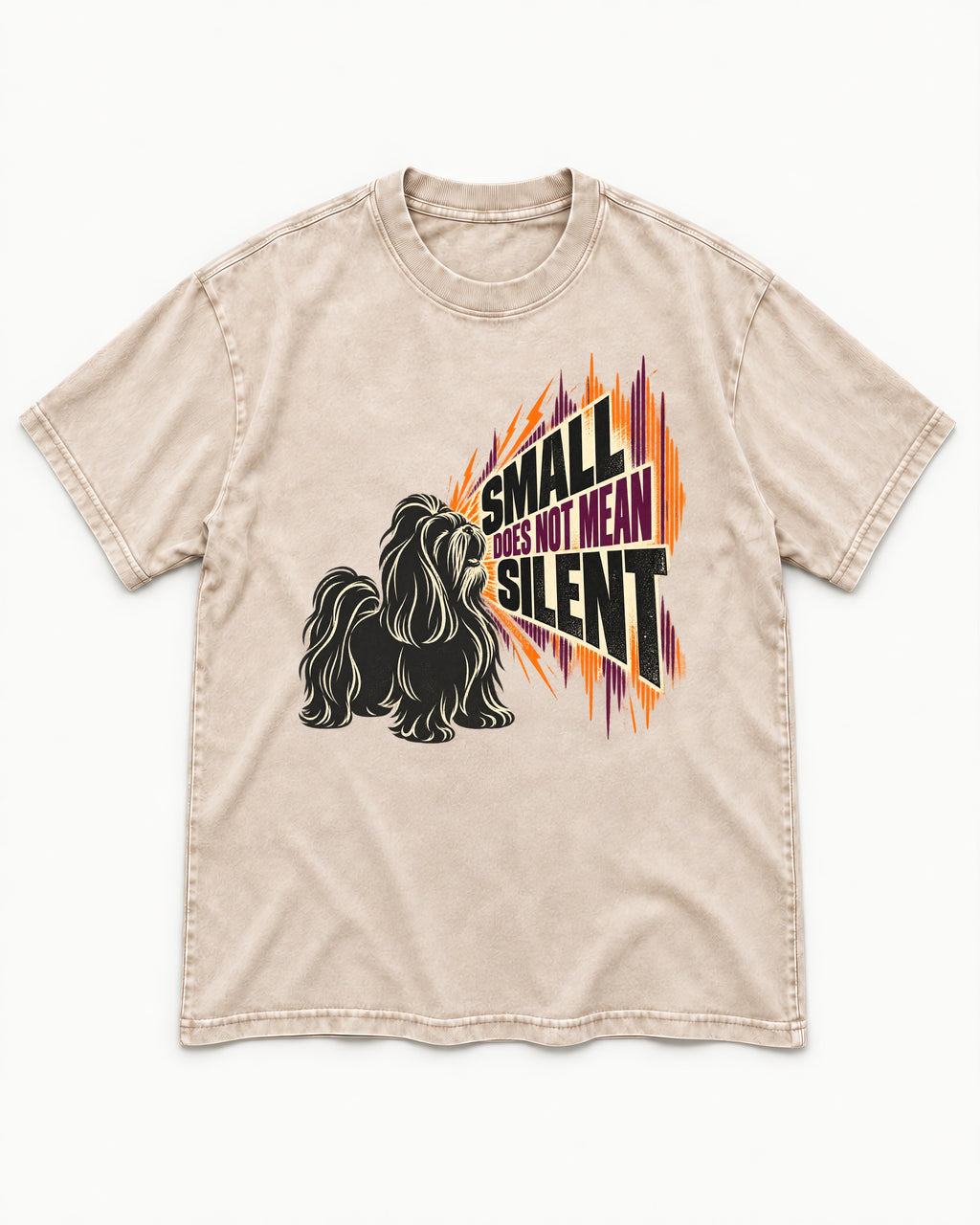 Small Not Silent Shih Tzu Washed Tee in Apricot, flat lay product photo
