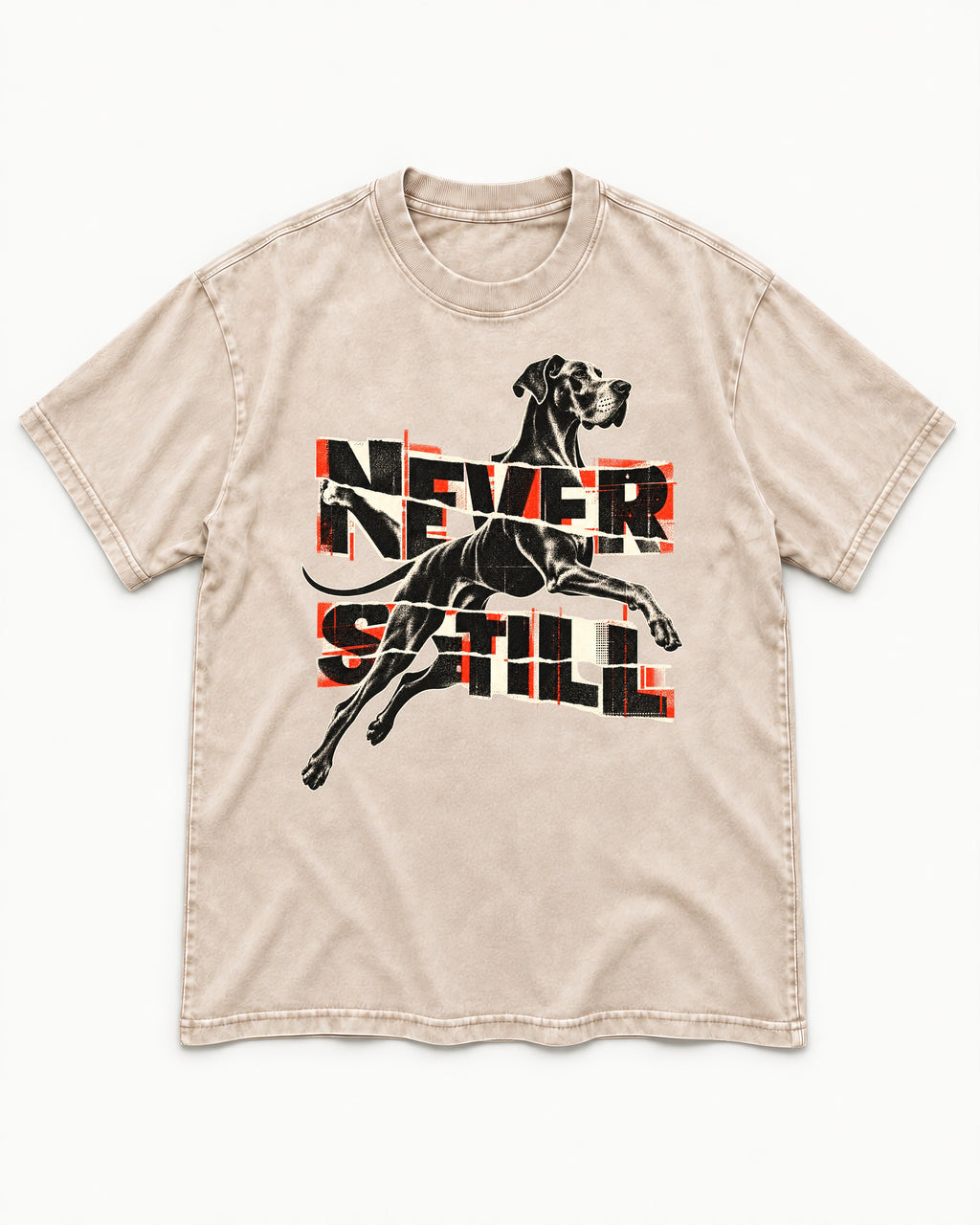 Great Dane Never Still Leaping Collage Graphic Washed Tee in Apricot, flat lay product photo