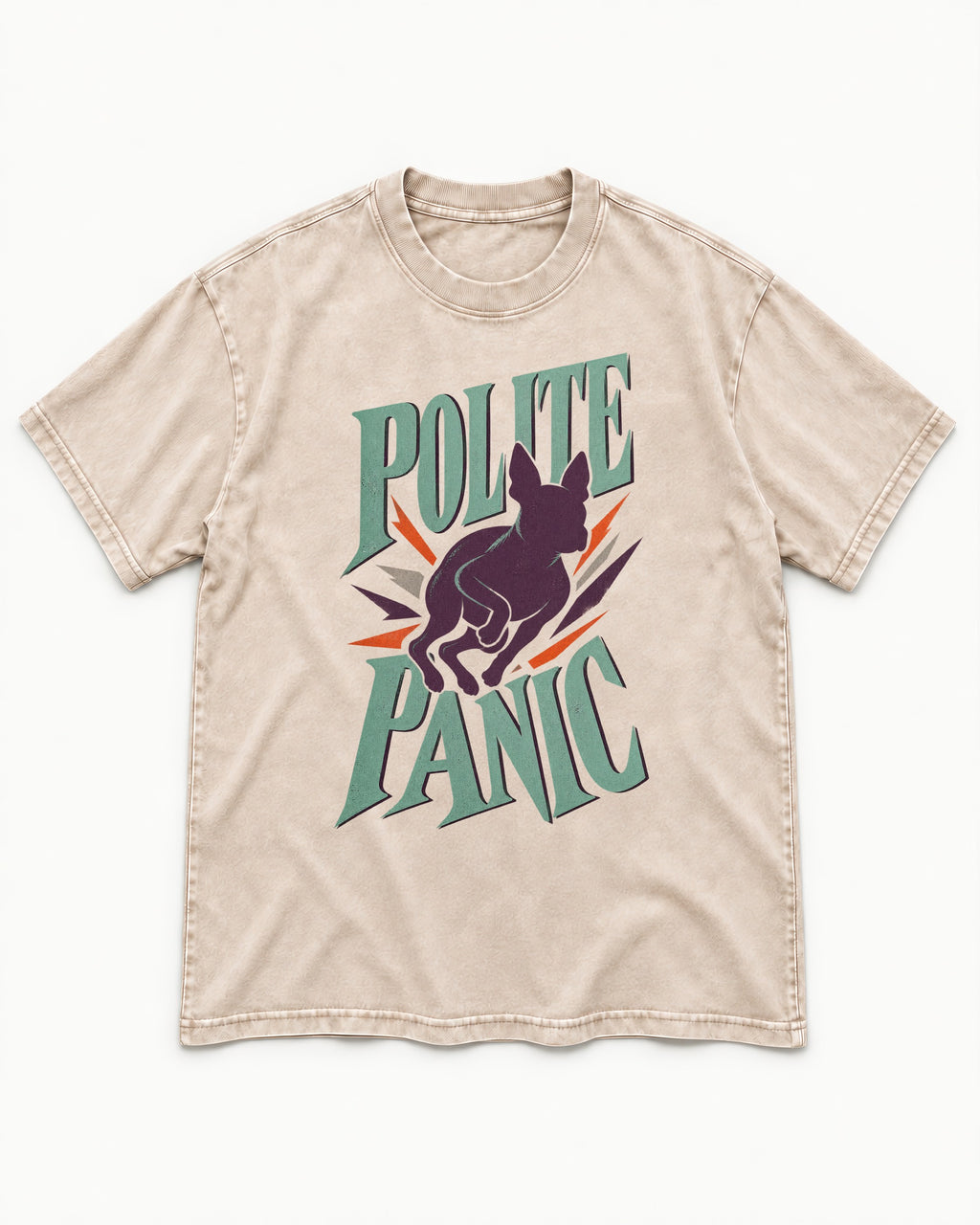 Polite Panic Boston Terrier Washed Tee in Apricot, flat lay product photo