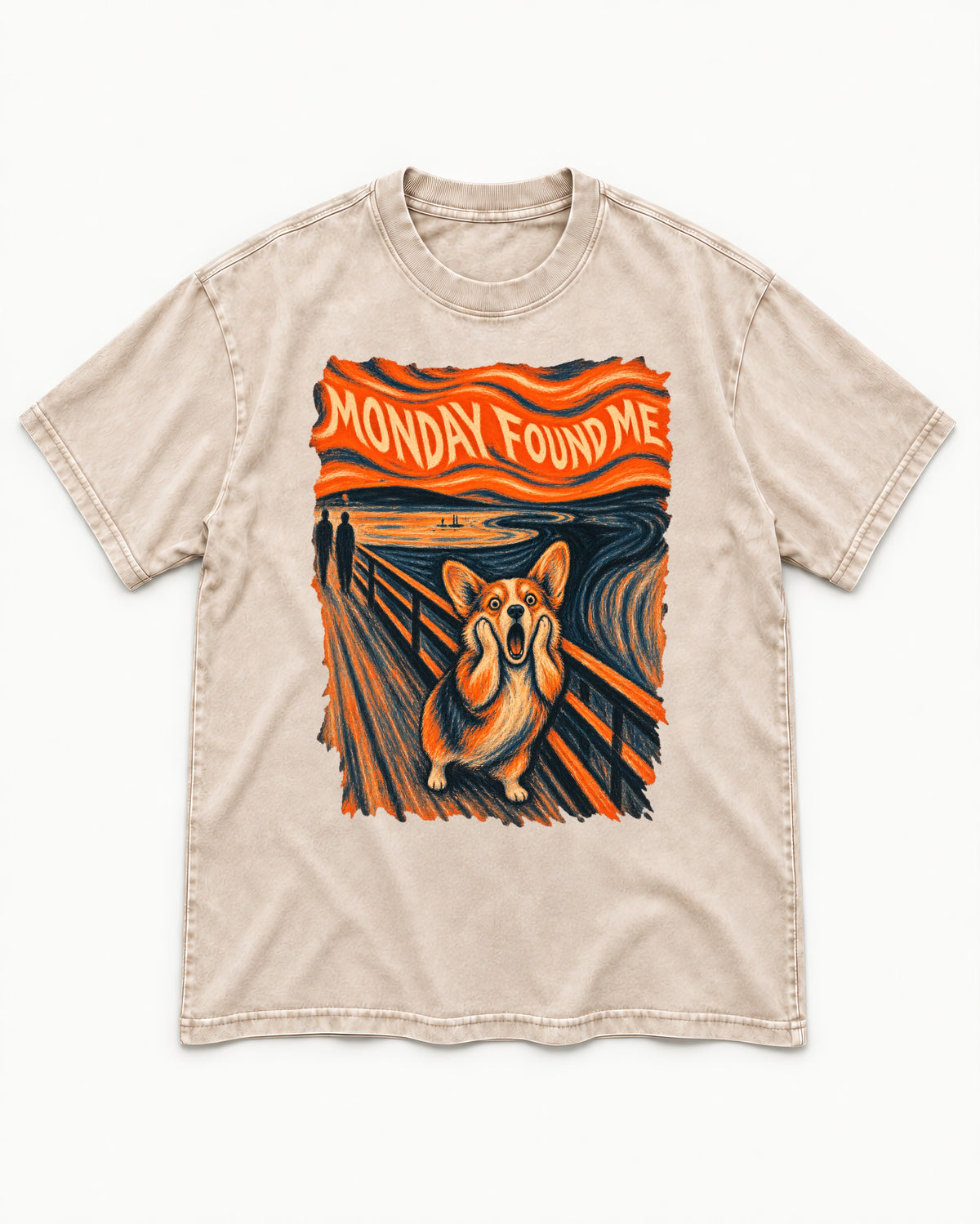 Corgi Monday Found Me Scream Banner Washed Tee in Apricot, flat lay product photo