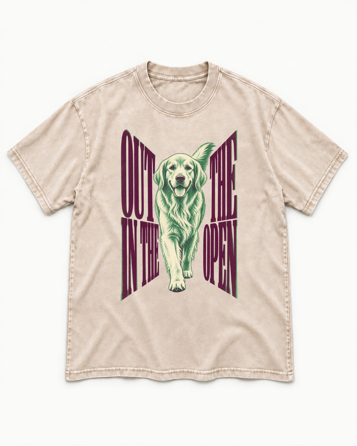 Golden Retriever Out in the Open Washed Tee in Apricot, flat lay product photo