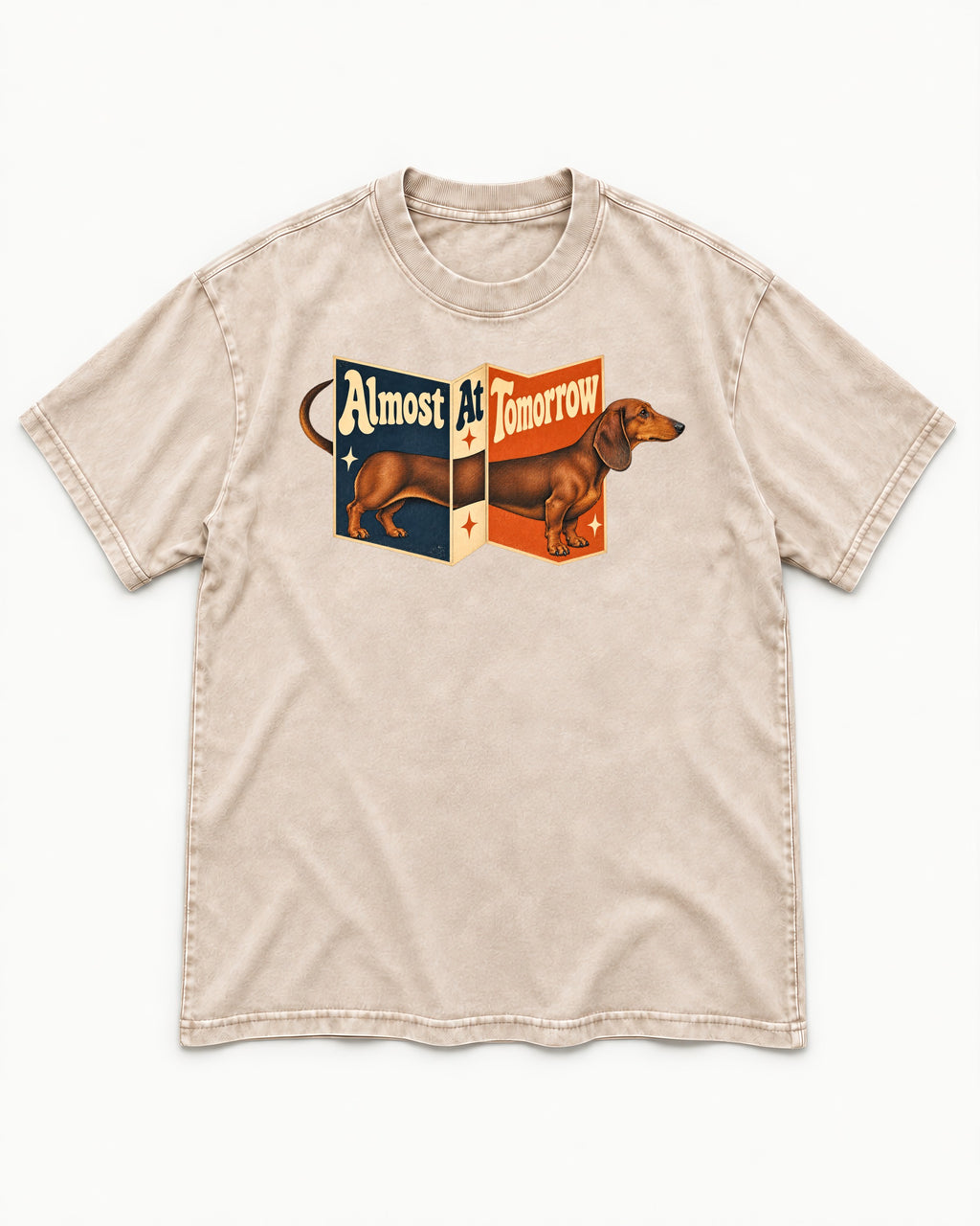 Dachshund Almost At Tomorrow Folding Screen Graphic Washed Tee in Apricot, flat lay product photo