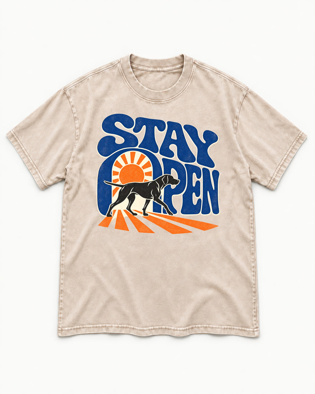 Stay Open German Shorthaired Pointer Washed Tee in Apricot, flat lay product photo