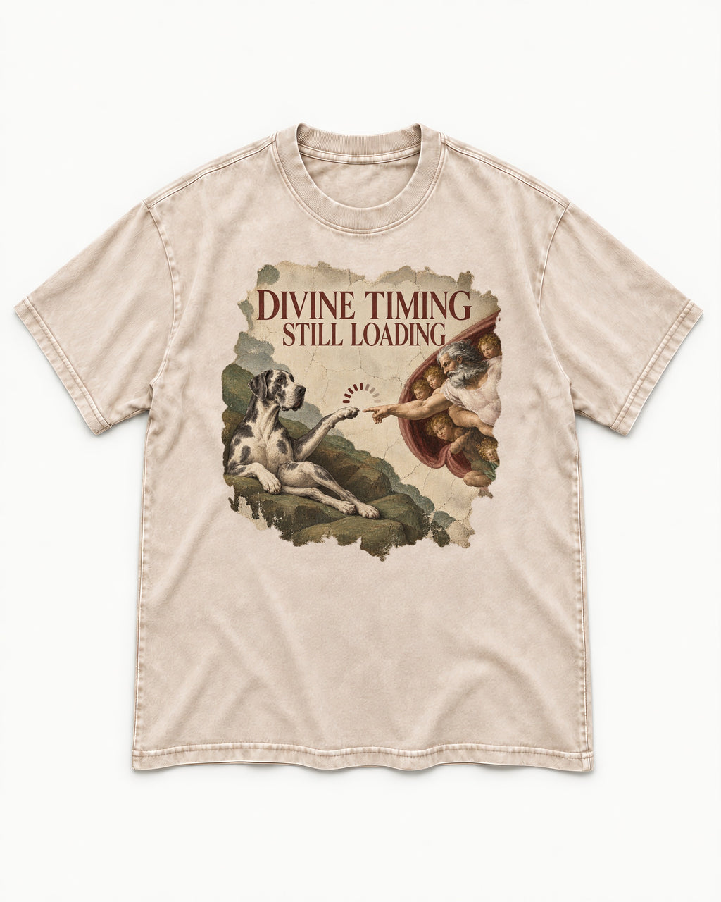 Great Dane Divine Timing Still Loading Washed Tee in Apricot, flat lay product photo