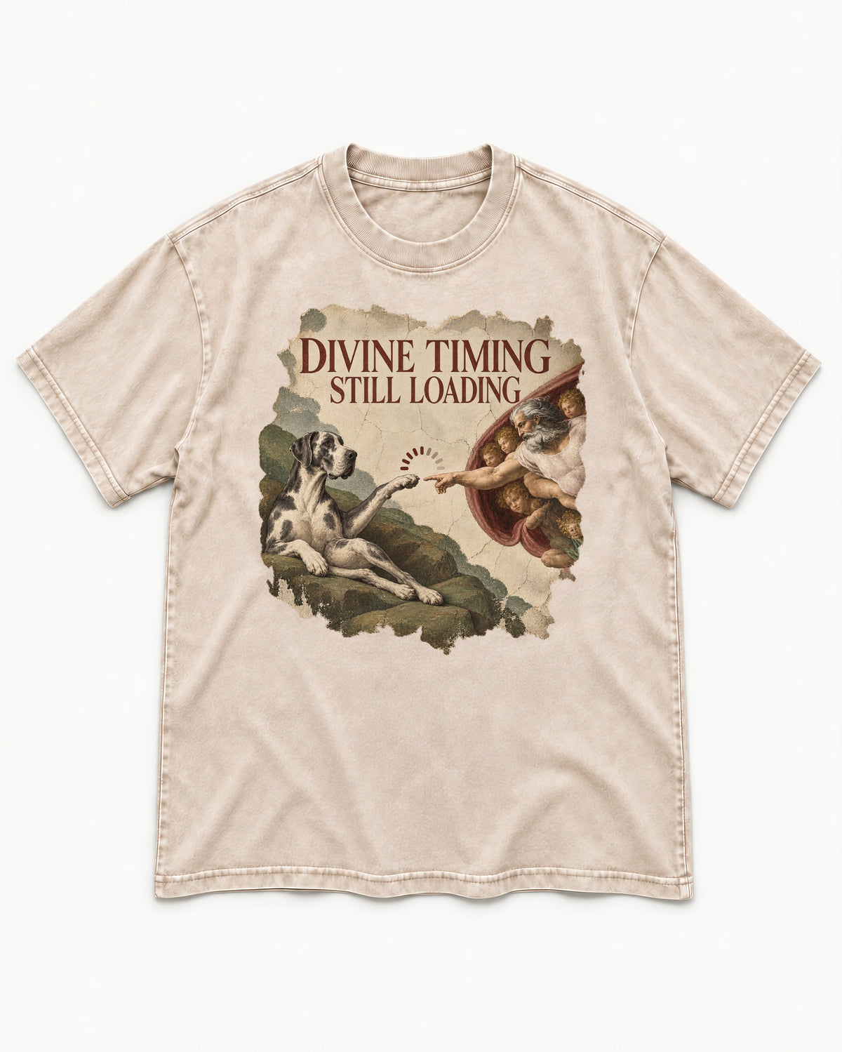 Great Dane Divine Timing Still Loading Washed Tee in Apricot, flat lay product photo