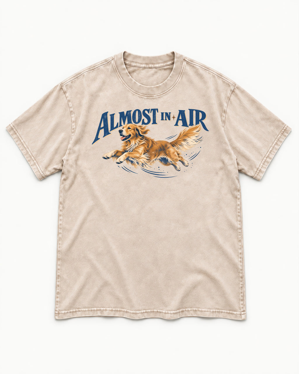 Golden Retriever Almost in Air Flying Graphic Washed Tee in Apricot, flat lay product photo