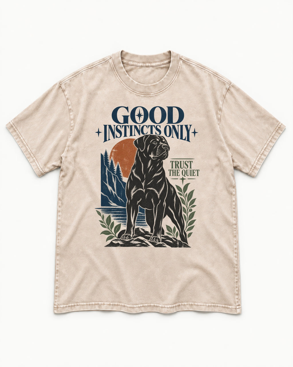 Good Instincts Only Rottweiler Washed Tee in Apricot, flat lay product photo