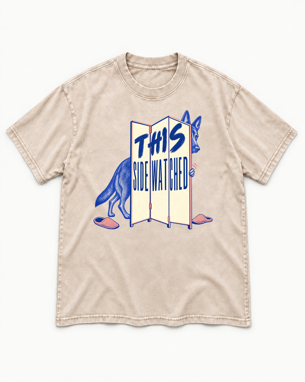 This Side Watched by German Shepherd Dog Washed Tee in Apricot, flat lay product photo