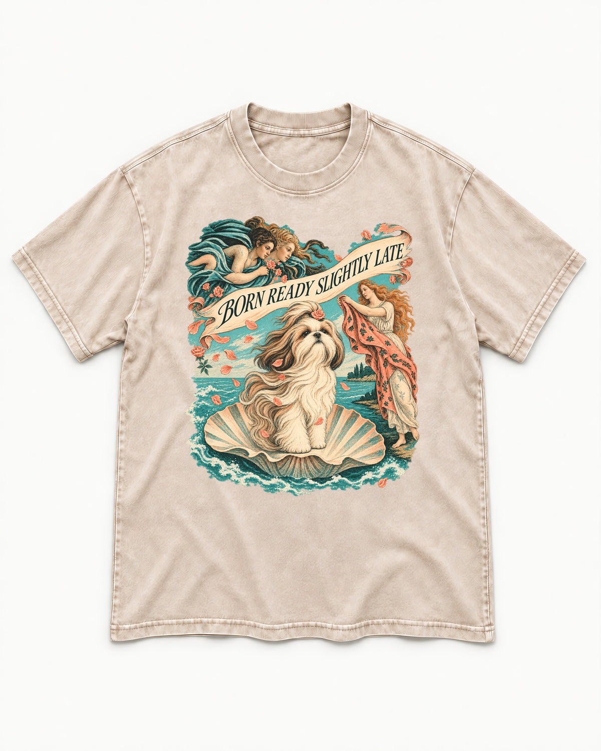 Shih Tzu Born Ready Slightly Late Venus Graphic Washed Tee in Apricot, flat lay product photo
