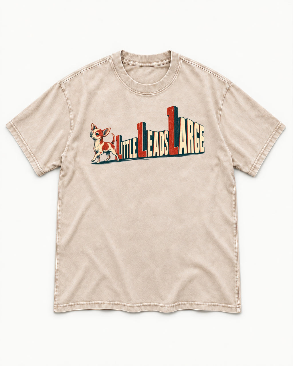 Chihuahua Little Leads Large Perspective Typography Washed Tee in Apricot, flat lay product photo