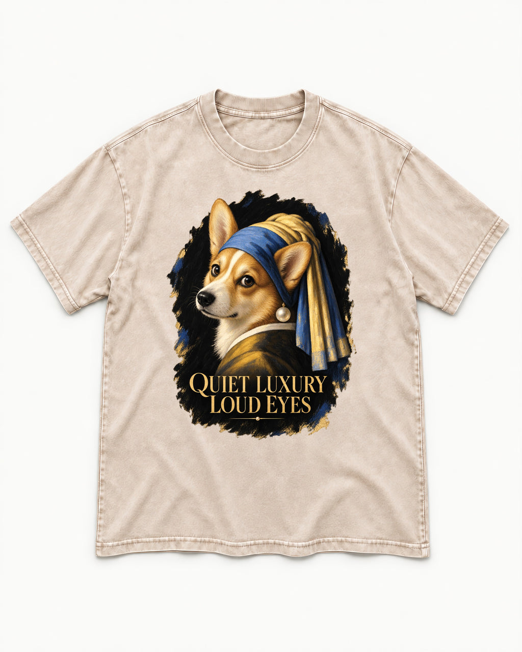Corgi Quiet Luxury Loud Eyes Pearl Earring Portrait Washed Tee in Apricot, flat lay product photo
