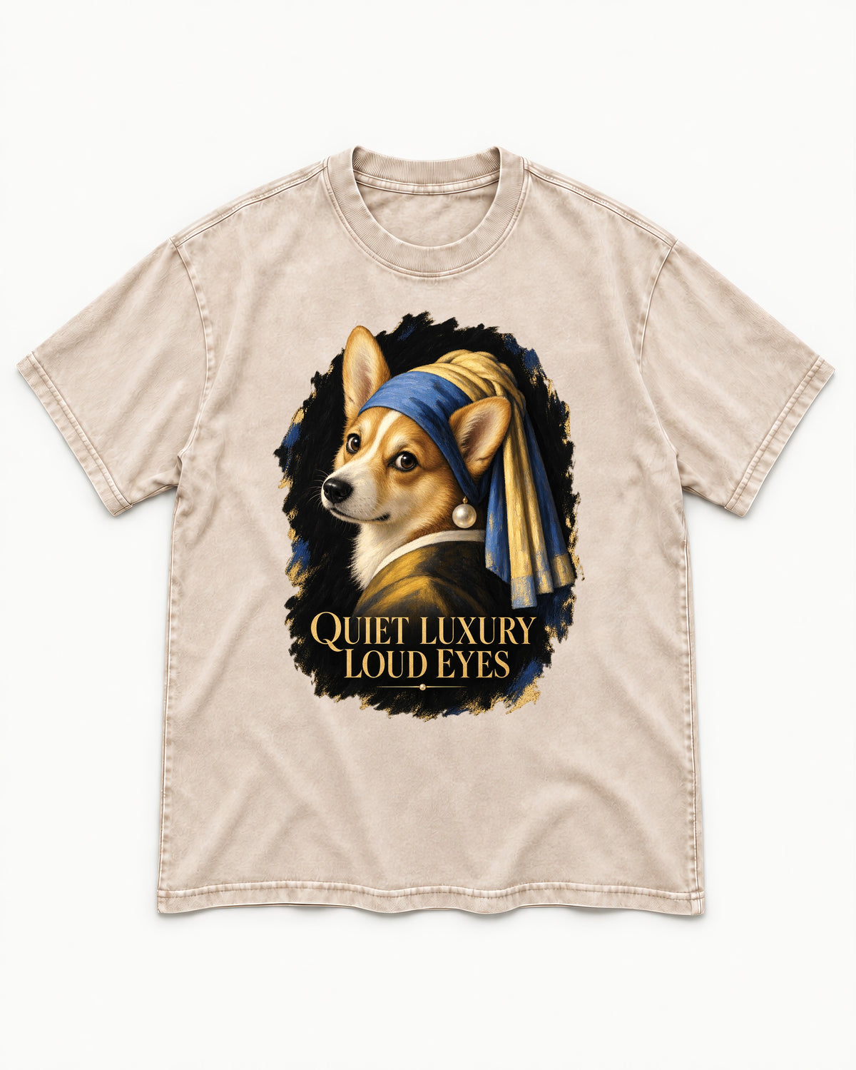 Corgi Quiet Luxury Loud Eyes Pearl Earring Portrait Washed Tee in Apricot, flat lay product photo