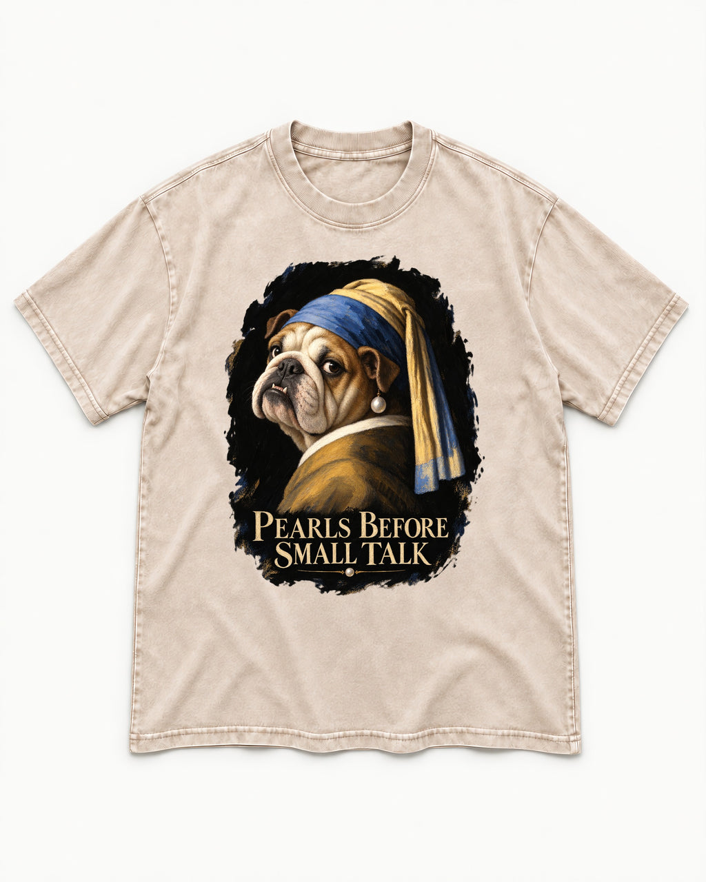 English Bulldog Pearls Before Small Talk Portrait Washed Tee in Apricot, flat lay product photo