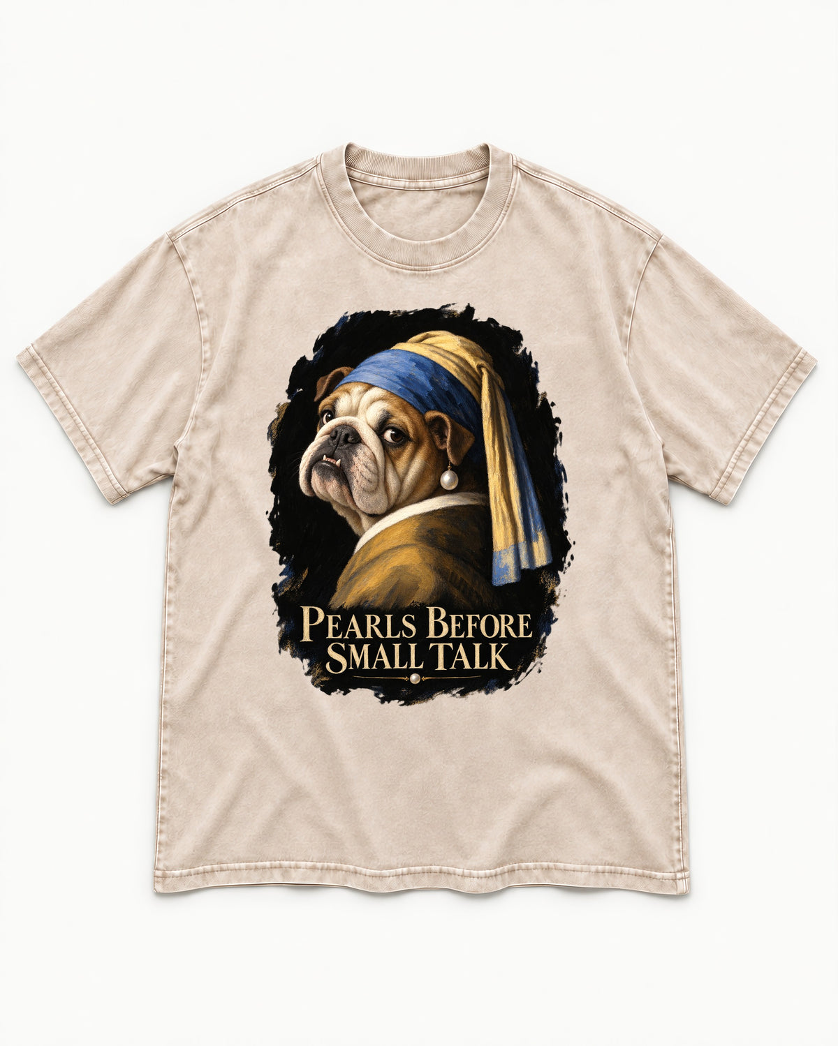 English Bulldog Pearls Before Small Talk Portrait Washed Tee in Apricot, flat lay product photo