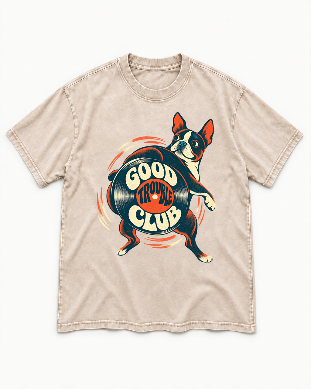 Good Trouble Club Boston Terrier Washed Tee in Apricot, flat lay product photo