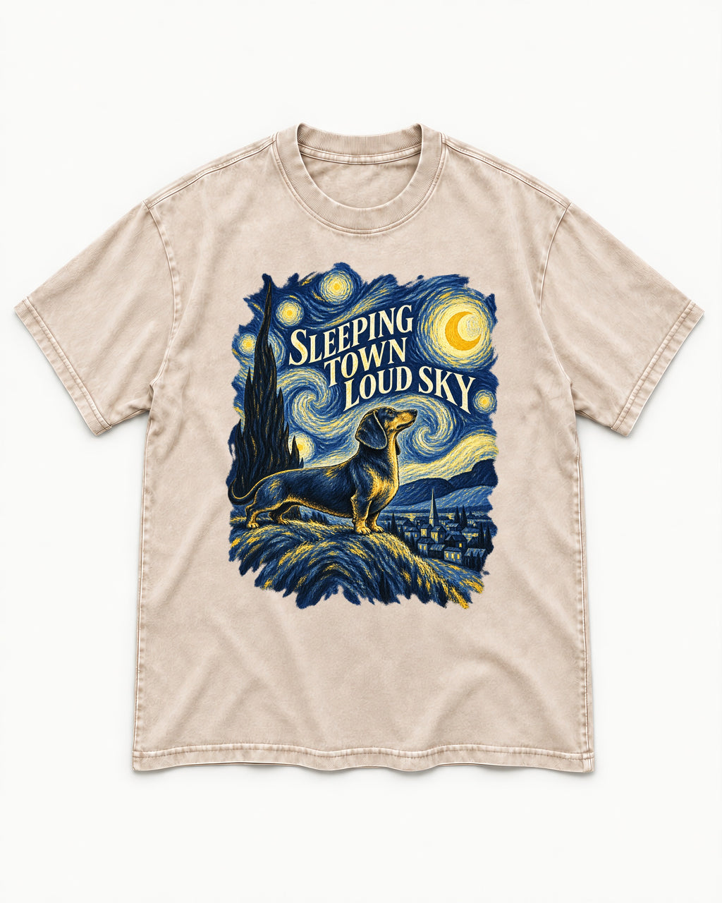 Dachshund Sleeping Town Loud Sky Starry Night Graphic Washed Tee in Apricot, flat lay product photo